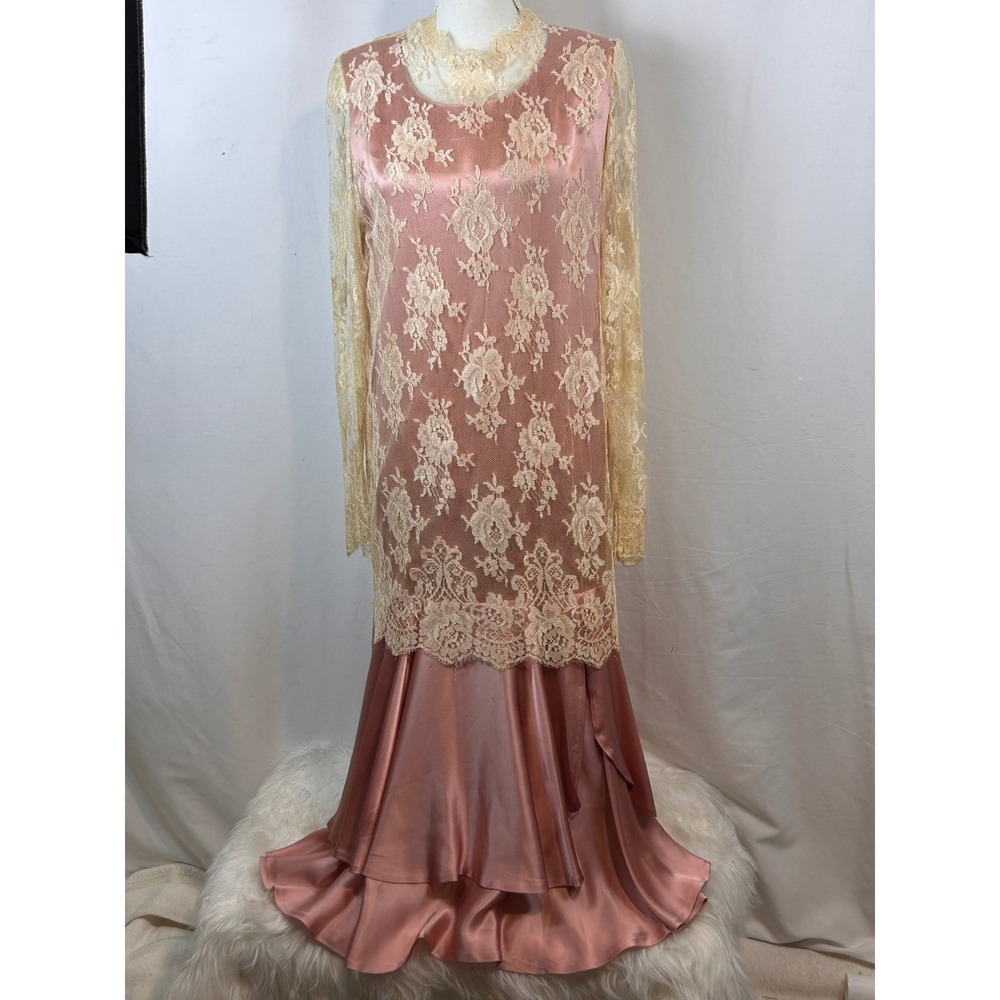 Vintage Style Lace Overlay Satin Ruffle Mermaid Gown Rose Pink Cream Maxi Dress